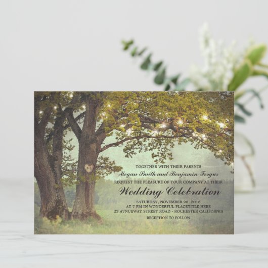 Romantische Hochzeit mit Rustikalem Eichenbaum Einladung (Stehend Vorderseite)