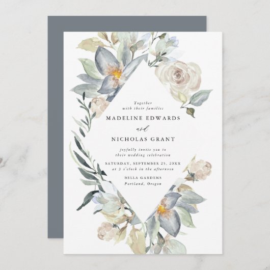 Romantische Hochzeit mit Wasserfarbe Weiß und Blau Einladung (Vorne/Hinten)