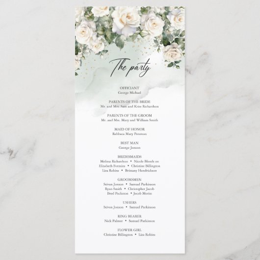Romantische Hochzeit mit weißer Rose und Grün Programm (Rückseite)