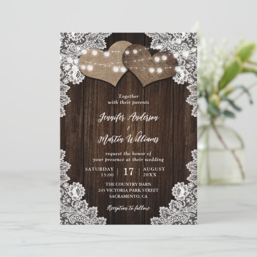 Romantische Hochzeit von Burlap- und Lace String L Einladung (Stehend Vorderseite)