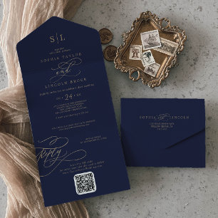 Romantische Hochzeit von Gold und Navy Monogram QR All In One Einladung