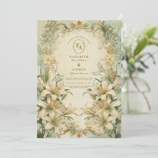 Romantische Hochzeit von Lily Vintage Einladung (Stehend Vorderseite)