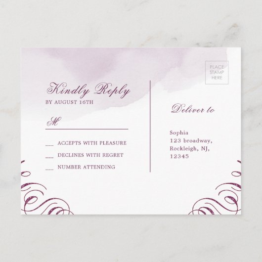Romantische Hochzeit von Moody plum kalligraphisch Einladungspostkarte (Rückseite)