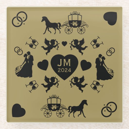 Romantische Hochzeit von Pferd und Kart Glasuntersetzer (Vorderseite)