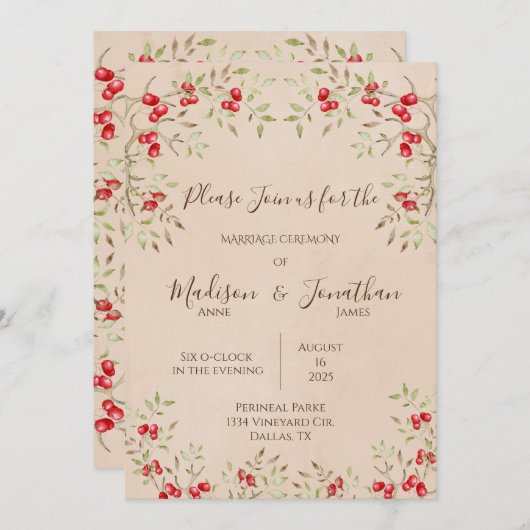 Romantische Hochzeit von Red Berries mit Wasserfar Einladung (Vorne/Hinten)