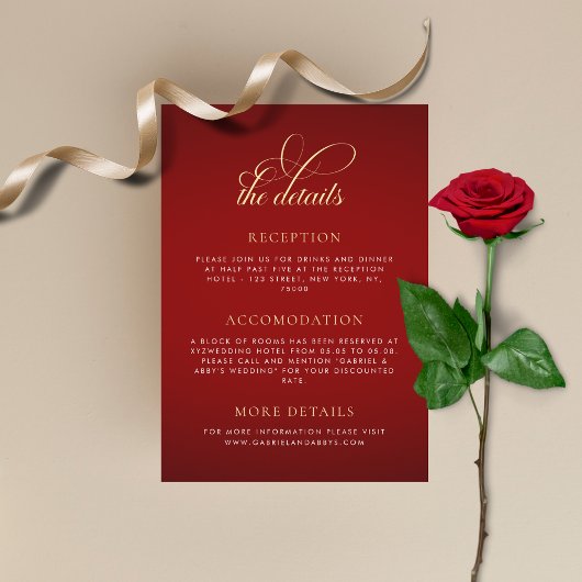 Romantische Hochzeitdetails: Crimson Red Gold Mono Begleitkarte