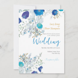 Romantische Hochzeiten, Blau und Gold, Blumenzehen Einladung