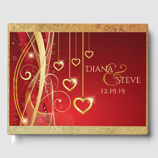 Romantische Hochzeitmonogramm | Red Gold Hearts Gästebuch