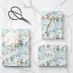 Romantische Hochzeitsblumen und Ringe Geschenkpapier Set