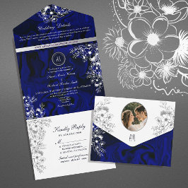 Romantische Hochzeitsfeier mit Royal Blue Floral All In One Einladung
