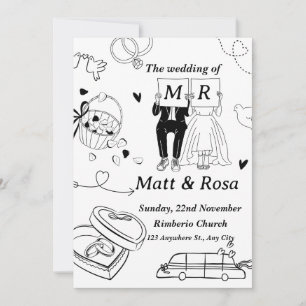 Romantische Hochzeitspaar-Linienkunst-Illustration Einladung