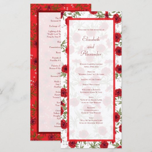 Romantische Hochzeitsprogramme mit roten Rosen Menükarte (Vorne/Hinten)