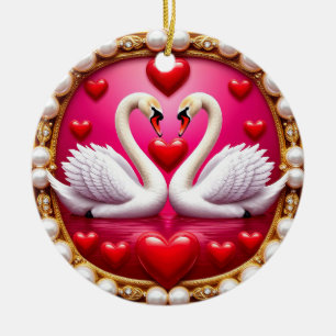 Romantische Hochzeitsschwäne Gerahmt von Ornat Keramik Ornament