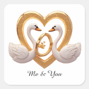 Romantische Hochzeitsschwäne mit goldenen Ringen Quadratischer Aufkleber
