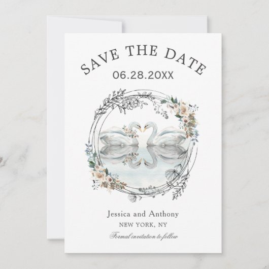 Romantische Hochzeitsschwäne Save the Date (Vorderseite)