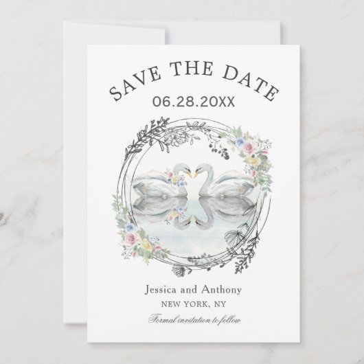 Romantische Hochzeitsschwäne Save the Date (Vorderseite)