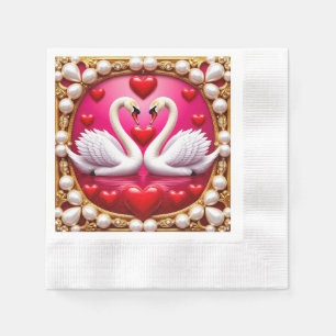 Romantische Hochzeitsschwäne, umrahmt von Ornat Serviette