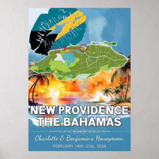 Romantische Honeymoon New Providence Bahamas Map Poster (Vorne)