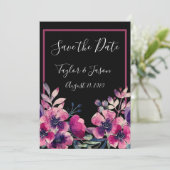 Romantische Hot Pink-Floral-Script-Hochzeit Save The Date (Stehend Vorderseite)