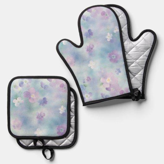 Romantische Hübsche Lavendel Weiße Blume Ofenhandschuh & Topflappen-Set (Vorderseite/Rückseite)