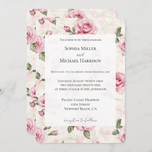 Romantische Hübsche Rosenblütenhochzeit Einladung (Vorne/Hinten)