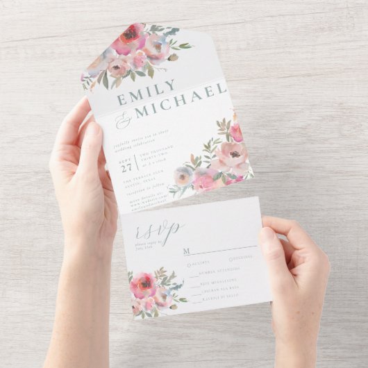 Romantische Hütte Blume Blush Blue Sage All In One Einladung (Abreißen)