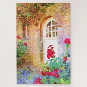 Romantische Hütte Gartenaquarel Puzzle