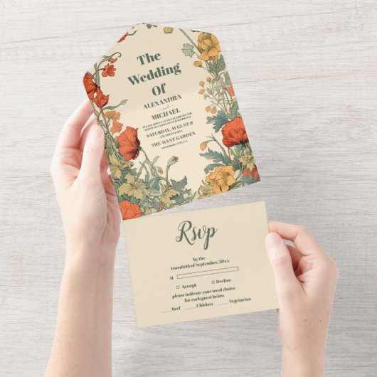 Romantische Jugendstil-Hochzeit All In One Einladung (Abreißen)