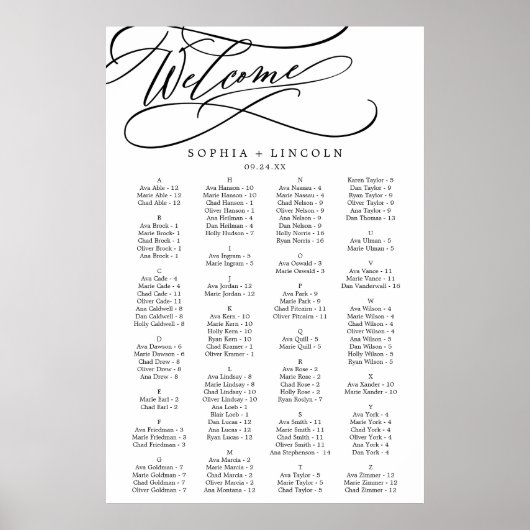 Romantische Kalligrafie - Alphabetische Sitzkarte Poster (Vorne)