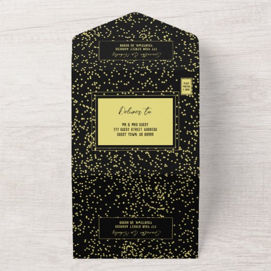 Romantische Kalligrafie Black & Gold Hochzeit All In One Einladung (Außenbereich)