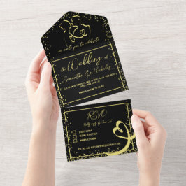 Romantische Kalligrafie Black & Gold Hochzeit All In One Einladung