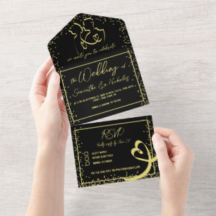 Romantische Kalligrafie Black & Gold Hochzeit All In One Einladung