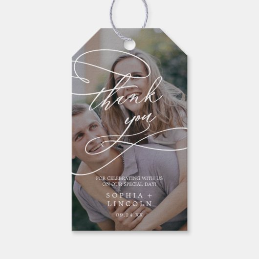 Romantische Kalligrafie Dunkles Foto Danke, dass S Geschenkanhänger (Vorderseite)