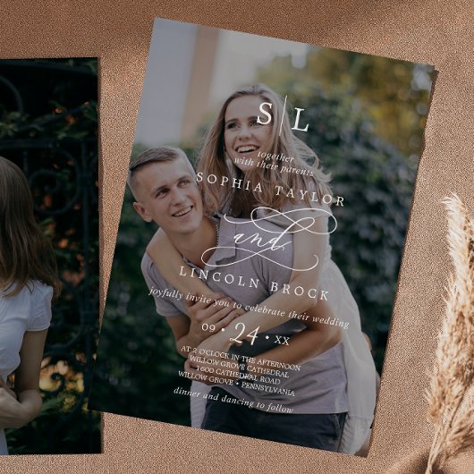 Romantische Kalligrafie Dunkles Foto Monogram Wedd Einladung