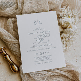 Romantische Kalligrafie | Dusty Blue Monogram Wedd Einladung