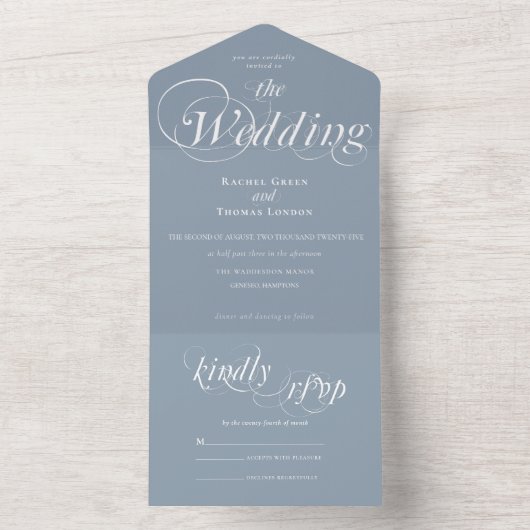 Romantische Kalligrafie Dusty Blue Wedding All In One Einladung (Innen)