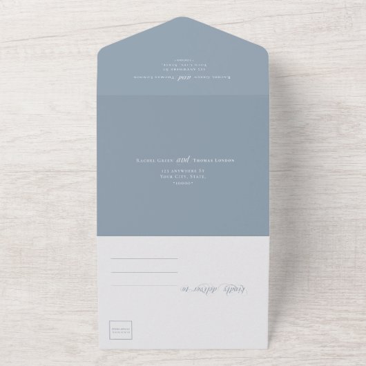 Romantische Kalligrafie Dusty Blue Wedding All In One Einladung (Außenbereich)