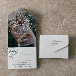 Romantische Kalligrafie-Fotoüberlagerung Die Hochz All In One Einladung