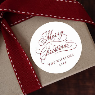 Romantische Kalligrafie Frohe Weihnachten Rot & We Runder Aufkleber