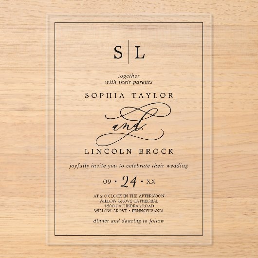 Romantische Kalligrafie Minimalistische Monogramm Acryleinladungen (Vorderseite)