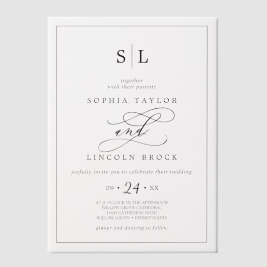 Romantische Kalligrafie Minimalistische Monogramm Pergament Einladungen (Vorderseite)