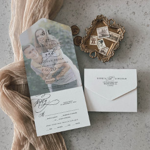 Romantische Kalligrafie-Monogramm-Foto-Hochzeit All In One Einladung