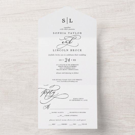 Romantische Kalligrafie-Monogramm-Hochzeit All In One Einladung (Innen Boden)