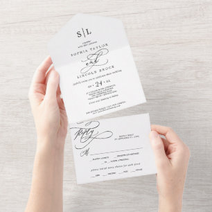 Romantische Kalligrafie-Monogramm-Hochzeit All In One Einladung