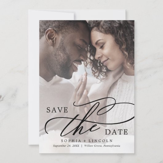 Romantische Kalligrafie QR Code Foto Overlay Rette Save The Date (Vorderseite)