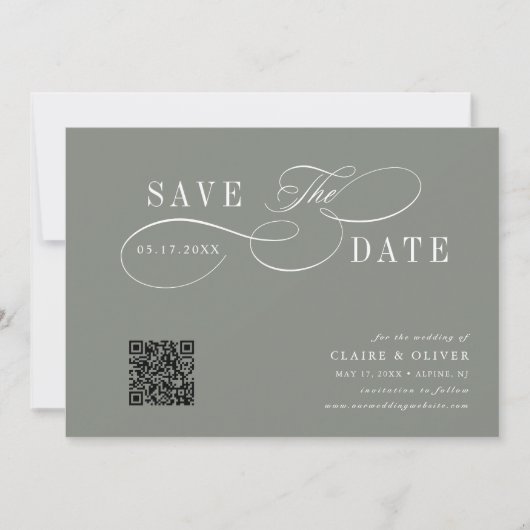 Romantische Kalligrafie QR Code Sage Green Horizon Save The Date (Vorderseite)