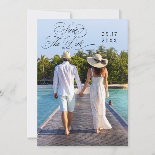 Romantische Kalligrafie Schwarz-Weiß-Foto Save The Date (Vorderseite)