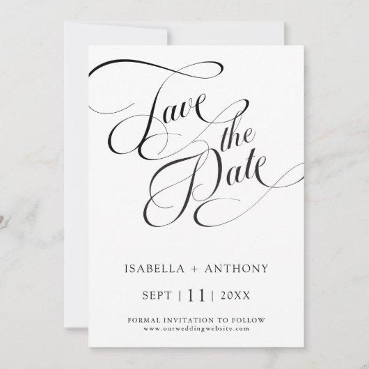 Romantische Kalligrafie Schwarz & Weiß Hochzeit Save The Date (Vorderseite)
