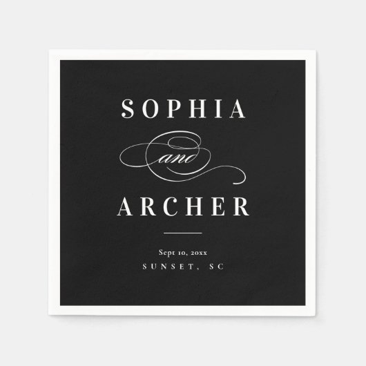 Romantische Kalligrafie Schwarz-Weiß-Hochzeit Serviette (Vorderseite)