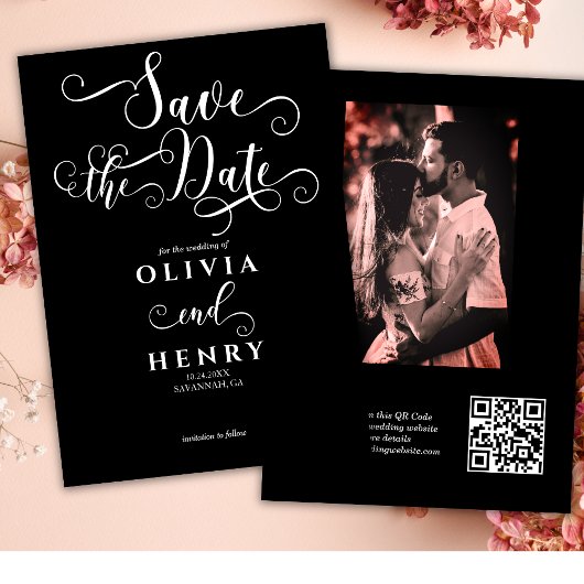 Romantische Kalligrafie Script Black Foto QR Code Save The Date